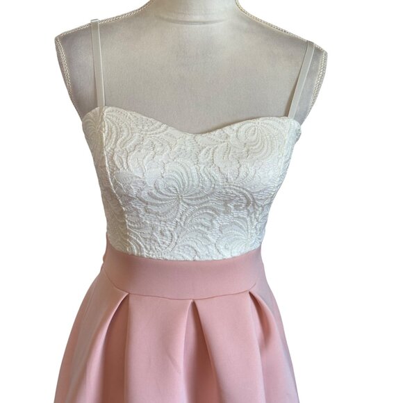 White Lace & Pink Pleated Sleeveless Dress Back Tie Raw Hem By Olive Tree Sz S - Picture 3 of 9